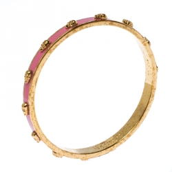 Pre Owned Alexander McQueen Pink Enamel 3D Skull Gold Tone Bangle Bracelet