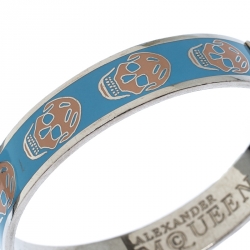 Pre Owned Alexander McQueen Blue Skull Enamel Silver Tone Bangle Bracelet