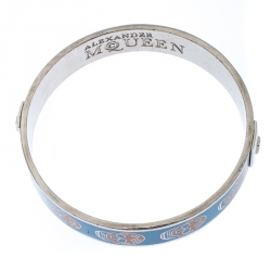 Pre Owned Alexander McQueen Blue Skull Enamel Silver Tone Bangle Bracelet