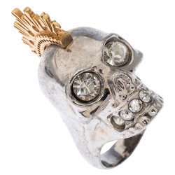 Pre Owned Alexander McQueen Crystal Skull Punk Two Tone Cocktail Ring Size 54