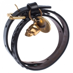 Pre Owned سوار أليكساندر ماكوين حلية جمجمه لفة مزدوجة جلد أسود