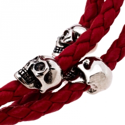 Pre Owned Alexander McQueen Red Braided Leather Crystal Butterfly Charm Layered Bracelet