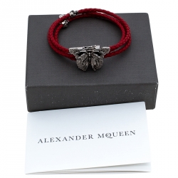 Pre Owned Alexander McQueen Red Braided Leather Crystal Butterfly Charm Layered Bracelet