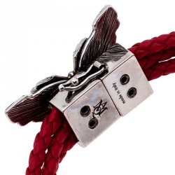 Pre Owned Alexander McQueen Red Braided Leather Crystal Butterfly Charm Layered Bracelet