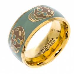 Pre Owned Alexander McQueen Skull Enamel Gold Tone Band Ring Size 55
