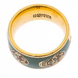 Pre Owned Alexander McQueen Skull Enamel Gold Tone Band Ring Size 55