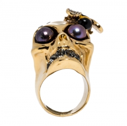 McQ by Alexander McQueen Gold Tone Crystal Skull and Bee Cocktail Ring Size EU 54.5