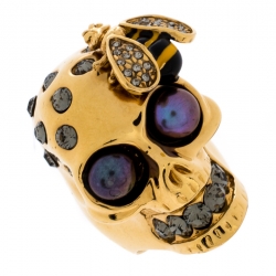 McQ by Alexander McQueen Gold Tone Crystal Skull and Bee Cocktail Ring Size EU 54.5