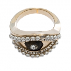 Alexander McQueen Pale Gold Tone Pearl & Crystal Encrusted Eye Ring Size 13