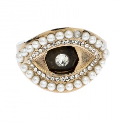 Alexander McQueen Pale Gold Tone Pearl & Crystal Encrusted Eye Ring Size 13