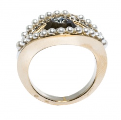 Alexander McQueen Pale Gold Tone Pearl & Crystal Encrusted Eye Ring Size 13