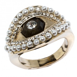 Alexander McQueen Pale Gold Tone Pearl & Crystal Encrusted Eye Ring Size 13