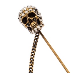 Pre Owned Alexander McQueen Crystal Antique Gold Tone Skull Pin Brooch