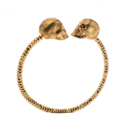 Pre Owned McQ by Alexander McQueen Aged Gold Tone Crystal Twin Skull Open Bracelet
