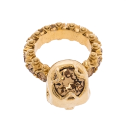 Pre Owned Alexander McQueen Skull Crystal Embedded Gold Tone Ring Size 51