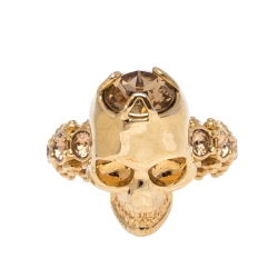 Pre Owned Alexander McQueen Skull Crystal Embedded Gold Tone Ring Size 51