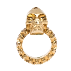 Pre Owned Alexander McQueen Skull Crystal Embedded Gold Tone Ring Size 51