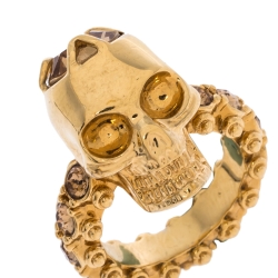 Pre Owned Alexander McQueen Skull Crystal Embedded Gold Tone Ring Size 51