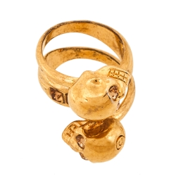 Alexander McQueen Twin Skull Motif Crystal Gold Tone Spiral Ring Size 54.5