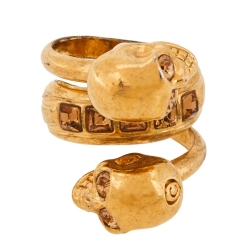 Alexander McQueen Twin Skull Motif Crystal Gold Tone Spiral Ring Size 54.5