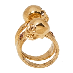 Alexander McQueen Twin Skull Motif Crystal Gold Tone Spiral Ring Size 54.5