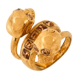 Alexander McQueen Twin Skull Motif Crystal Gold Tone Spiral Ring Size 54.5