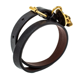 Alexander McQueen Black Leather Skull Charm Double Wrap Bracelet
