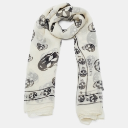 Pre Owned Alexander McQueen Ivory Skull Print Crepe Silk Scarf