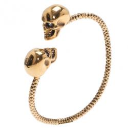 Pre Owned Alexander McQueen Gold Tone Crystal Twin Skull Bangle