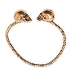 Pre Owned Alexander McQueen Gold Tone Crystal Twin Skull Bangle