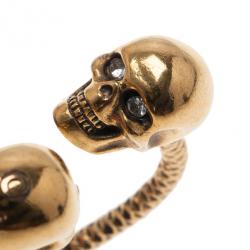 Pre Owned Alexander McQueen Gold Tone Crystal Twin Skull Bangle