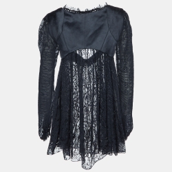 Pre Owned Alexander McQueen Black Patterned Silk Blend Pleated Mini Dress M