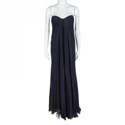 Pre Owned Alexander Mc Queen Navy Blue Silk Chiffon Draped Strapless Dress M