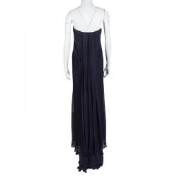 Pre Owned Alexander Mc Queen Navy Blue Silk Chiffon Draped Strapless Dress M
