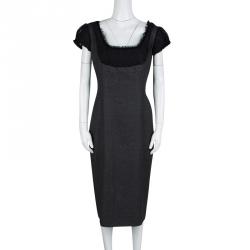 Pre Owned Alexander McQueen Grey Wool Cashmere Frayed Trim Detail Dress M