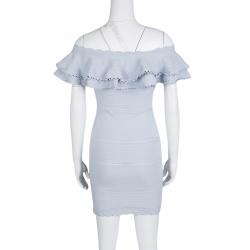 Pre Owned Alexander McQueen Blue Perforated Knit Ruffle Detail Off Shoulder Dress S