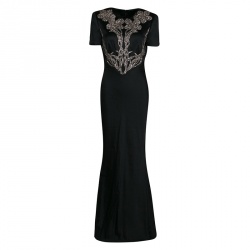 Pre Owned Alexander McQueen Black Satin Crystal Embellished Gown M