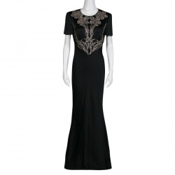 Pre Owned Alexander McQueen Black Satin Crystal Embellished Gown M