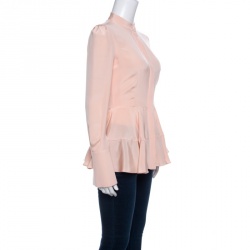 Pre Owned Alexander Mcqueen Peach Silk Long Sleeve Peplum Shirt S