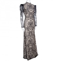 Pre Owned Alexander McQueen Beige and Black Backless Butterfly Lace Gown S