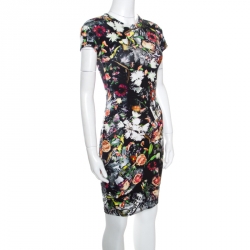 Pre Owned McQ by Alexander McQueen Black Floral Printed Knit Bodycon Dress XXS