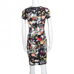 Pre Owned McQ by Alexander McQueen Black Floral Printed Knit Bodycon Dress XXS