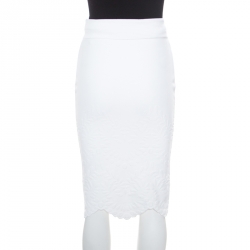 Pre Owned Alexander McQueen White Stretch Knit Floral Embossed Scalloped Hem Pencil Skirt S