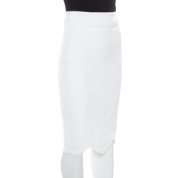 Pre Owned Alexander McQueen White Stretch Knit Floral Embossed Scalloped Hem Pencil Skirt S