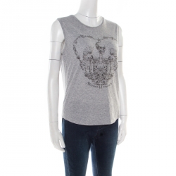 Pre Owned Alexander McQueen Grey Skeleton Printed Cotton Jersey Tank Top S