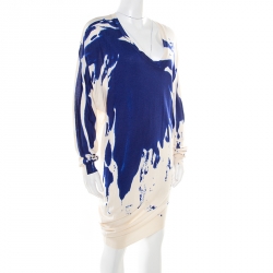 Pre Owned Alexander McQueen Abstract Print Cashmere Silk Asymmetric Sweater Dress S