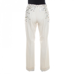 Pre Owned Alexander McQueen Beige Cotton Mother of Pearl Button Embellished Flared Trousers M