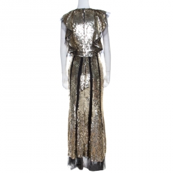 Pre Owned Alexander McQueen Gold Sequin & Tulle Ruffle Detail Gown S