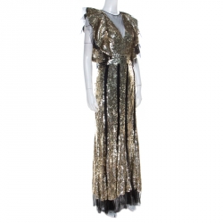 Pre Owned Alexander McQueen Gold Sequin & Tulle Ruffle Detail Gown S