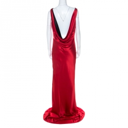 Pre Owned Alexander McQueen Red Silk Cowl Neck Scoop Back Long Dress L